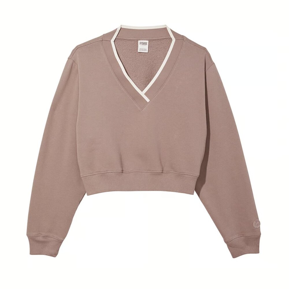 NWT Victoria's Secret PINK Premium Fleece V-Neck Pullover, Iced Coffee, X-Large